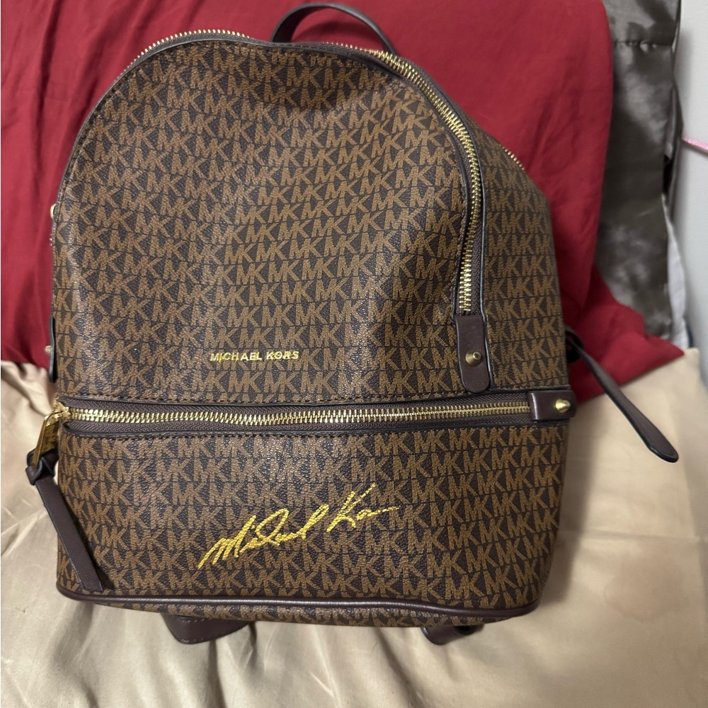 Michael Kors Brown MK Signature Backpack with Gold Hardware